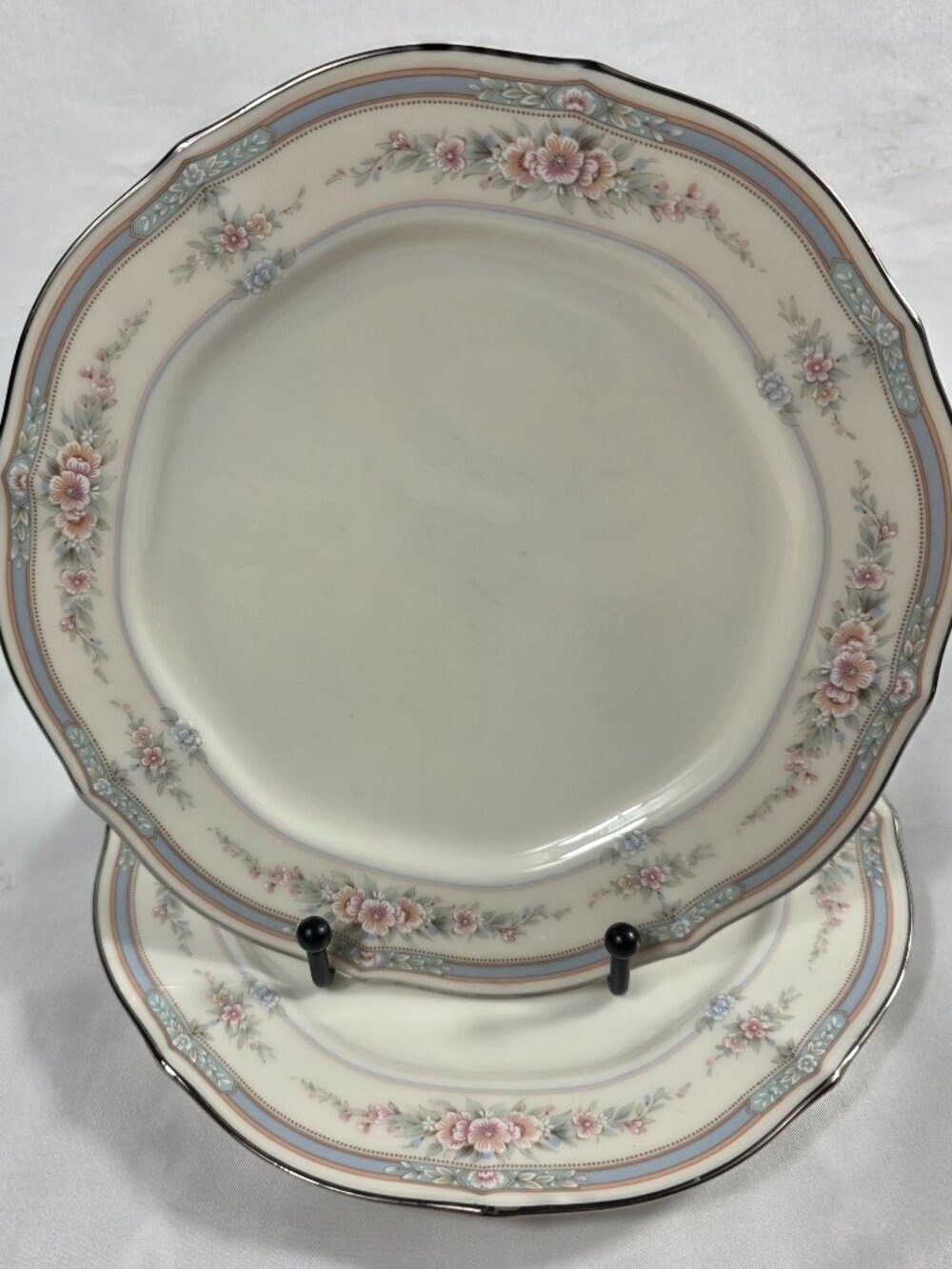 TWO Noritake Rothschild Salad Plates Ivory Blue Band with Pink Flowers